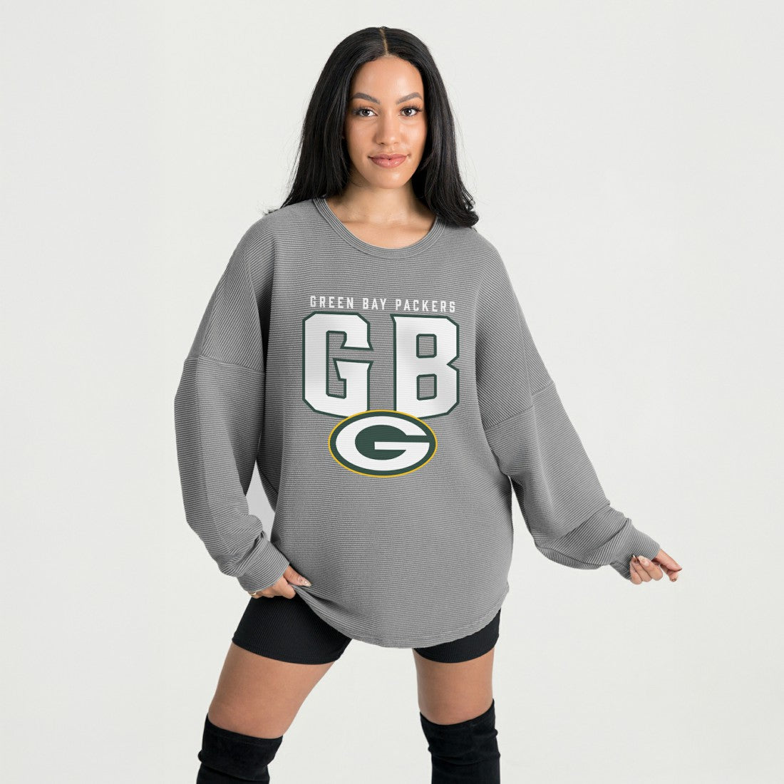 Green Bay Packers Gameday Couture Women's Oversized Pure Motion Corded Sweatshirt Gray - NFL