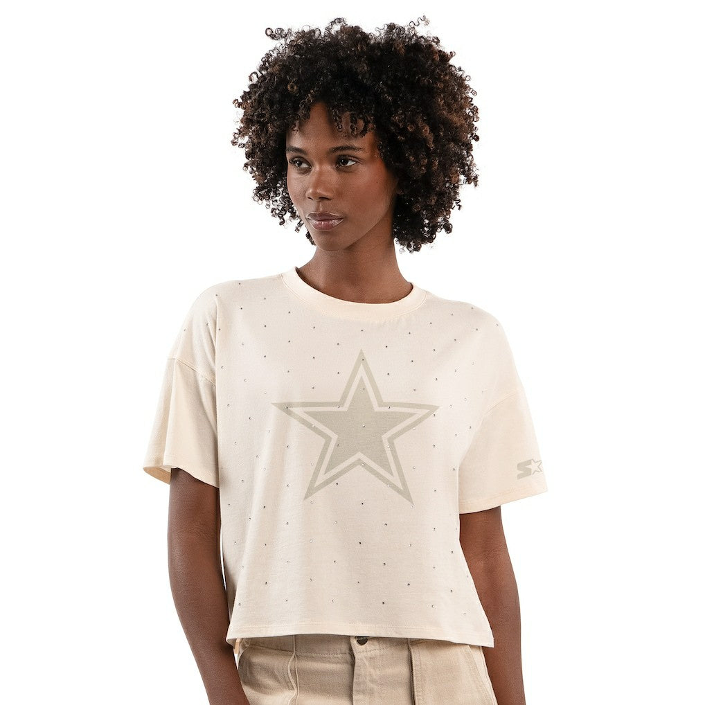 Dallas Cowboys Starter Women's Rhinestone Sprinkle Boxy Cropped T-Shirt Cream - NFL