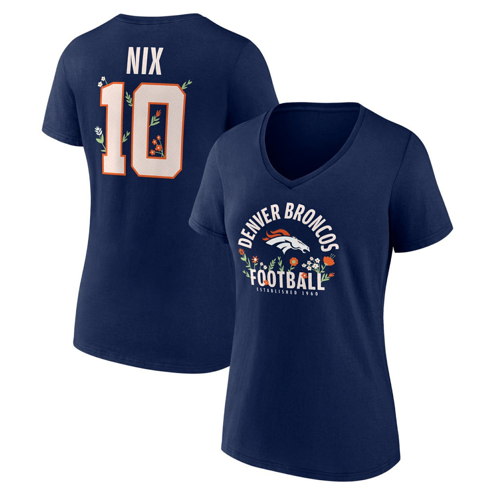 Bo Nix Denver Broncos Women's Floral Name & Number V-Neck T-Shirt Navy - NFL