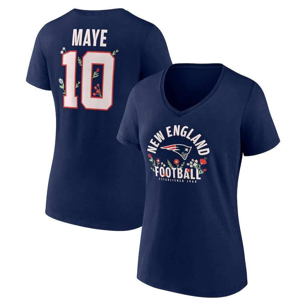 Drake Maye New England Patriots Women's Floral Name & Number V-Neck T-Shirt Navy - NFL