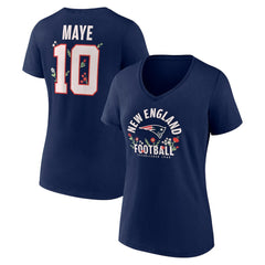 Drake Maye New England Patriots Women's Floral Name & Number V-Neck T-Shirt Navy - NFL