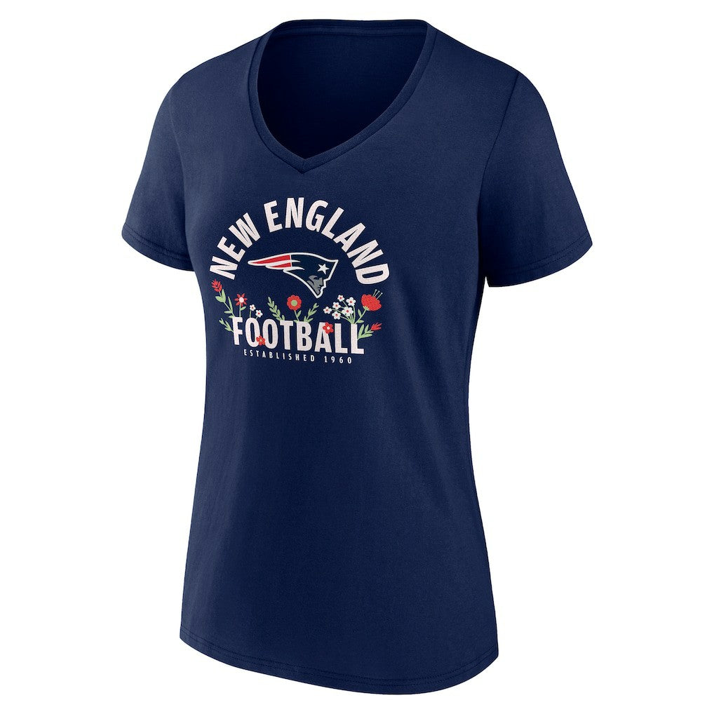 Drake Maye New England Patriots Women's Floral Name & Number V-Neck T-Shirt Navy - NFL