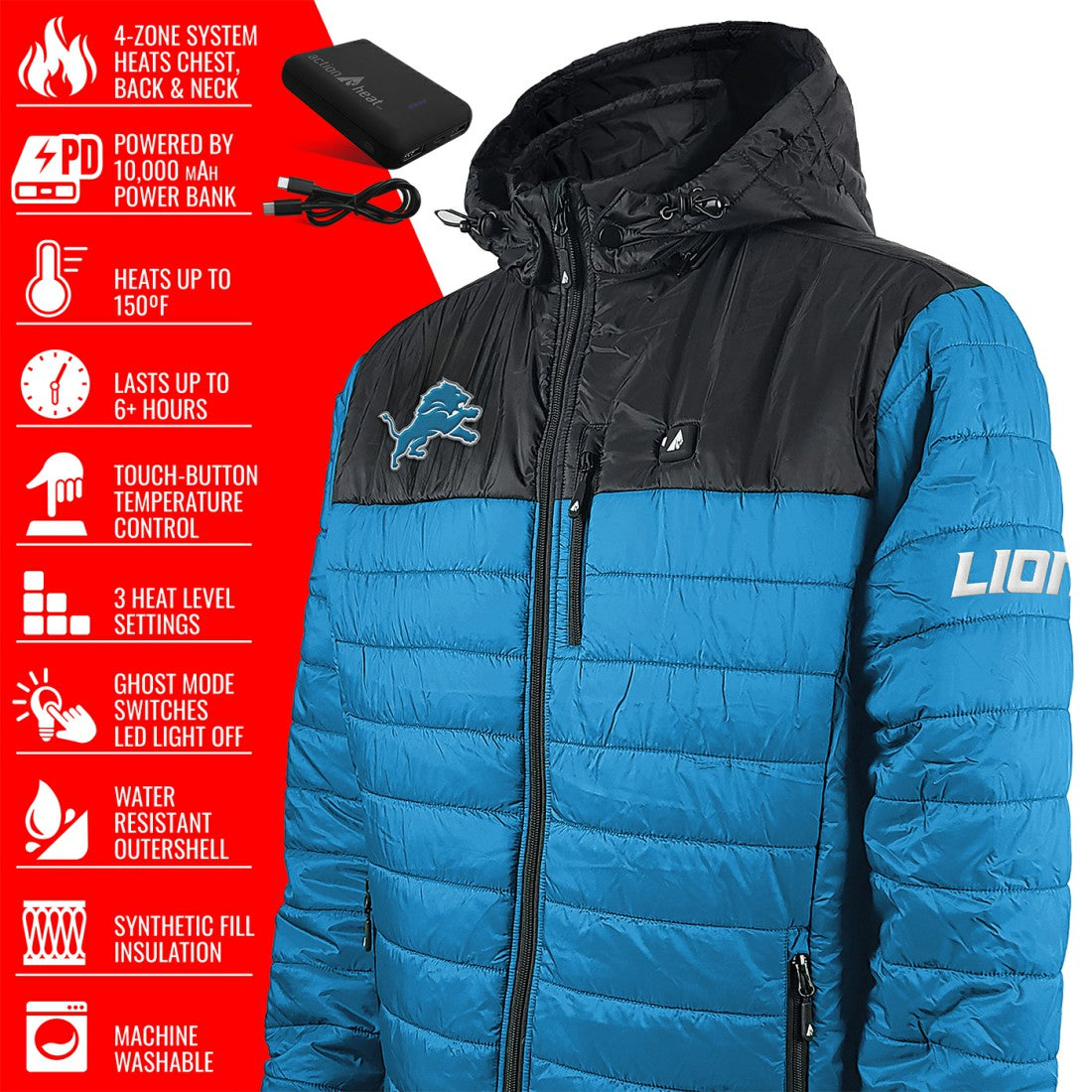 Detroit Lions ActionHeat 5V Battery Heated Colorblock Full-Zip Puffer Jacket Black/Blue - NFL