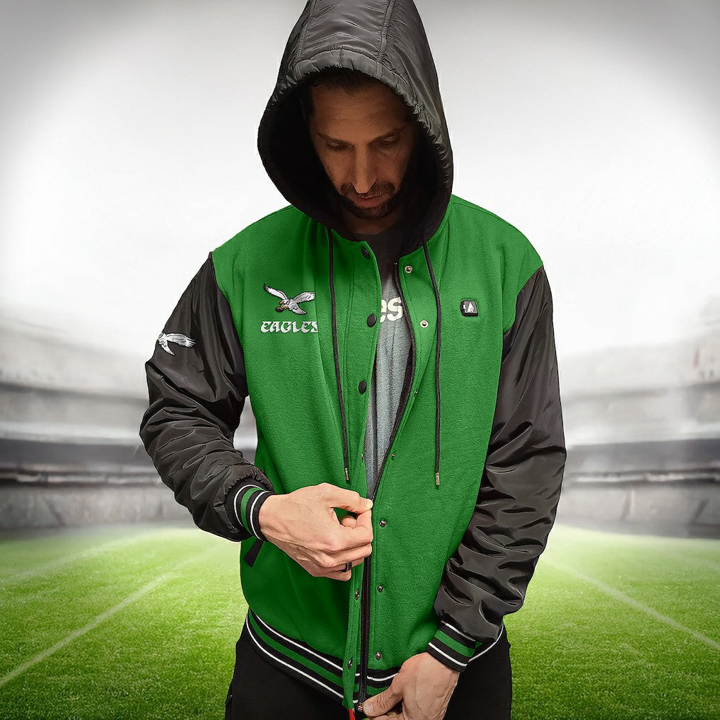 Philadelphia Eagles ActionHeat 5V Battery Heated Full-Snap Varsity Jacket Kelly Green/Black - NFL
