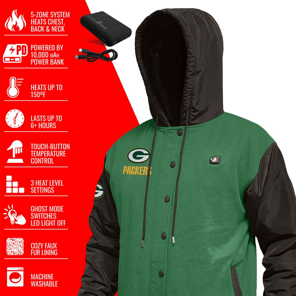 Green Bay Packers ActionHeat 5V Battery Heated Full-Snap Varsity Jacket Green/Black - NFL