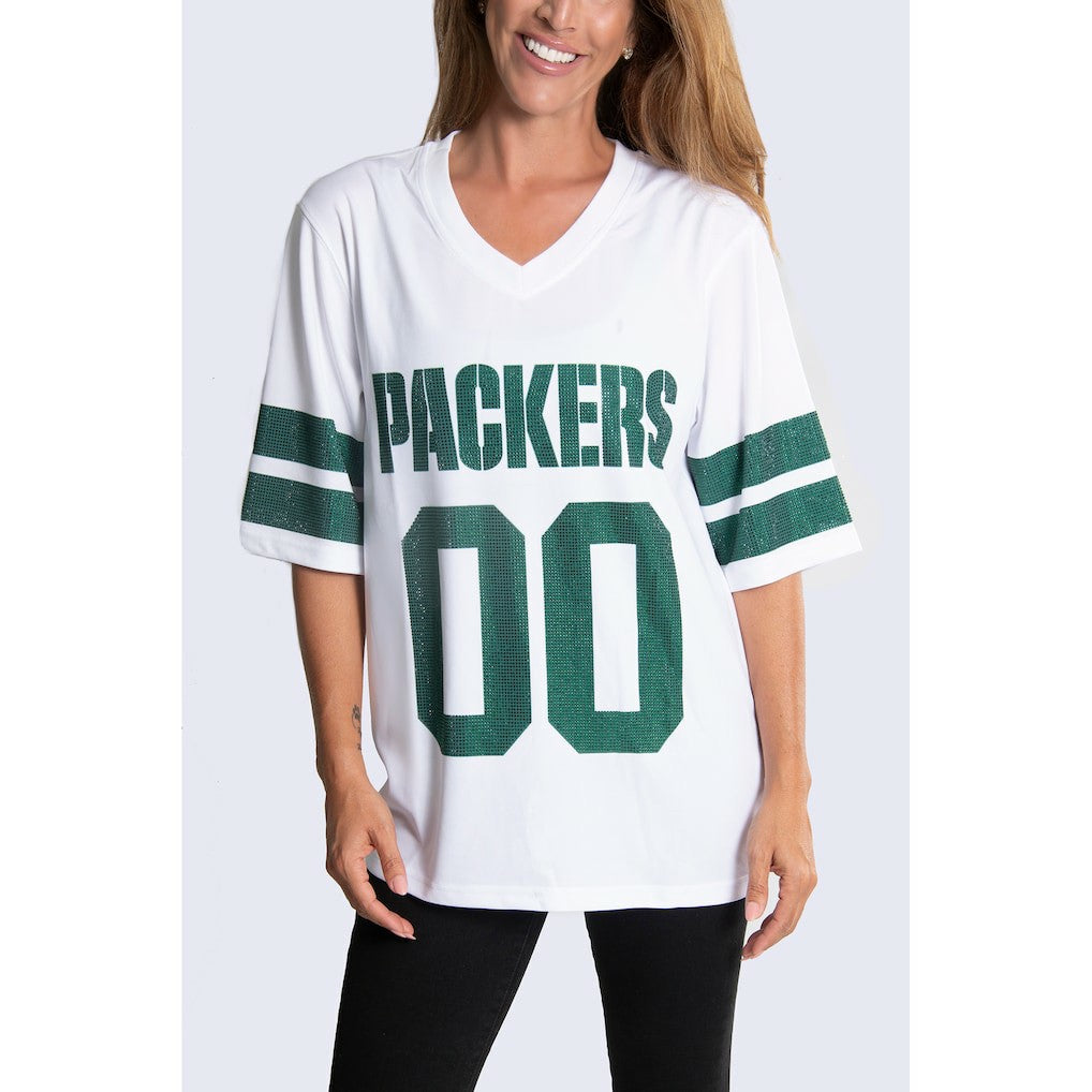 Green Bay Packers Cuce Women's Rhinestone V-Neck Tunic White - NFL