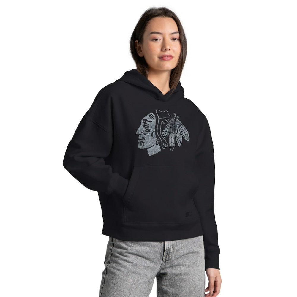 Chicago Blackhawks Starter Women's Rhinestone Relaxed Hoodie Black