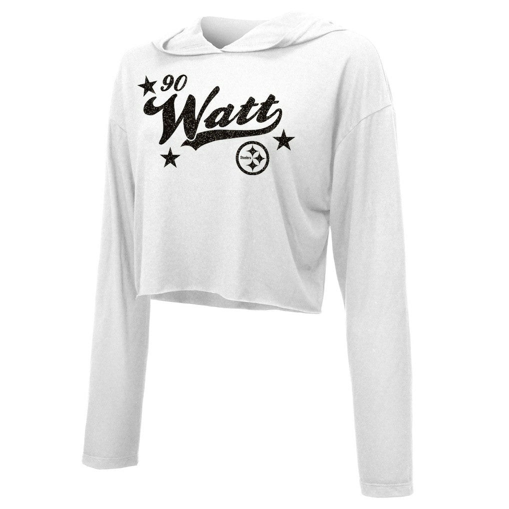 T.J. Watt Pittsburgh Steelers Majestic Threads Women's Glitter Wordmark Hoodie White - NFL