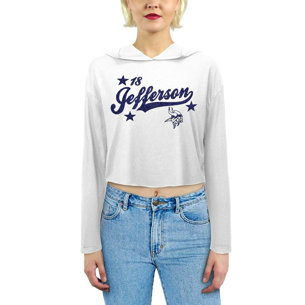 Justin Jefferson Minnesota Vikings Majestic Threads Women's Glitter Wordmark Hoodie White - NFL