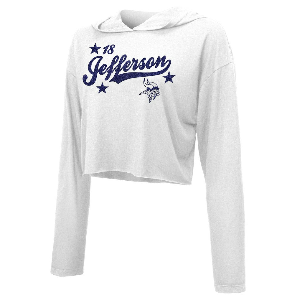 Justin Jefferson Minnesota Vikings Majestic Threads Women's Glitter Wordmark Hoodie White - NFL