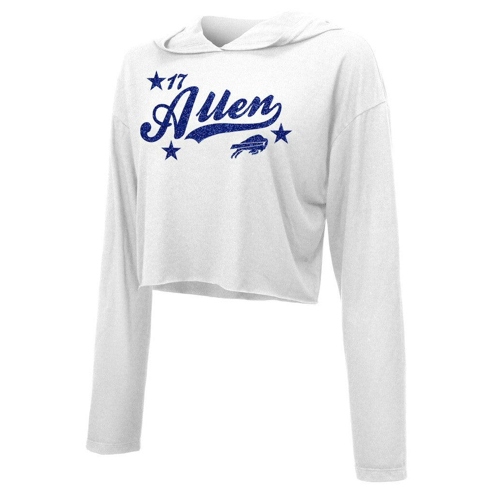 Josh Allen Buffalo Bills Majestic Threads Women's Glitter Wordmark Hoodie White - NFL