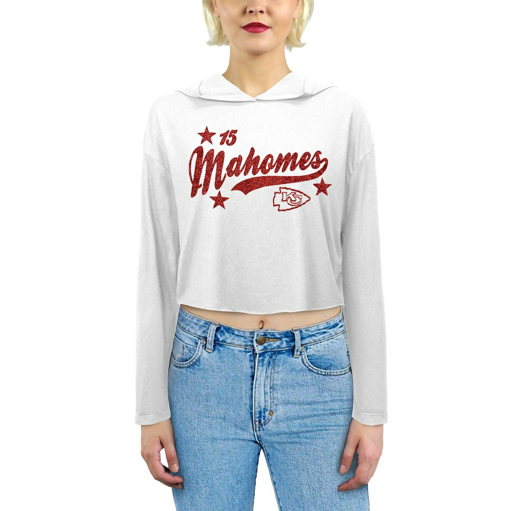 Patrick Mahomes Kansas City Chiefs Majestic Threads Women's Glitter Wordmark Hoodie White - NFL