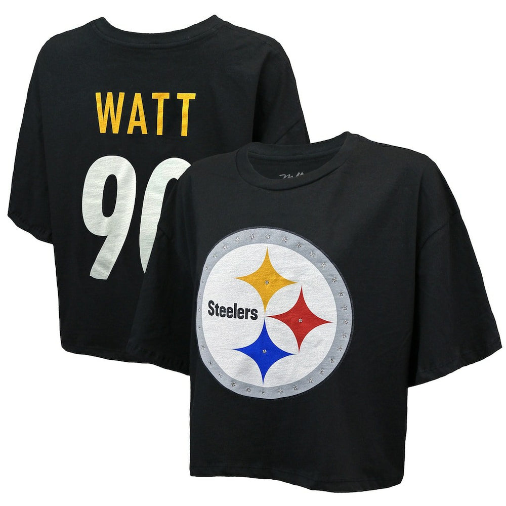 T.J. Watt Pittsburgh Steelers Majestic Threads Women's Swarovski Crystals Boxy Cropped Name & Number T-Shirt Black - NFL