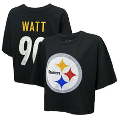 T.J. Watt Pittsburgh Steelers Majestic Threads Women's Swarovski Crystals Boxy Cropped Name & Number T-Shirt Black - NFL
