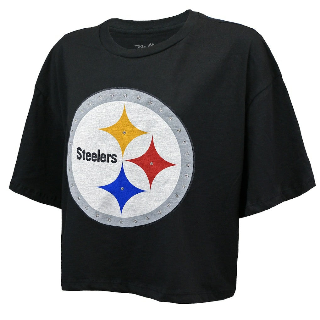 T.J. Watt Pittsburgh Steelers Majestic Threads Women's Swarovski Crystals Boxy Cropped Name & Number T-Shirt Black - NFL