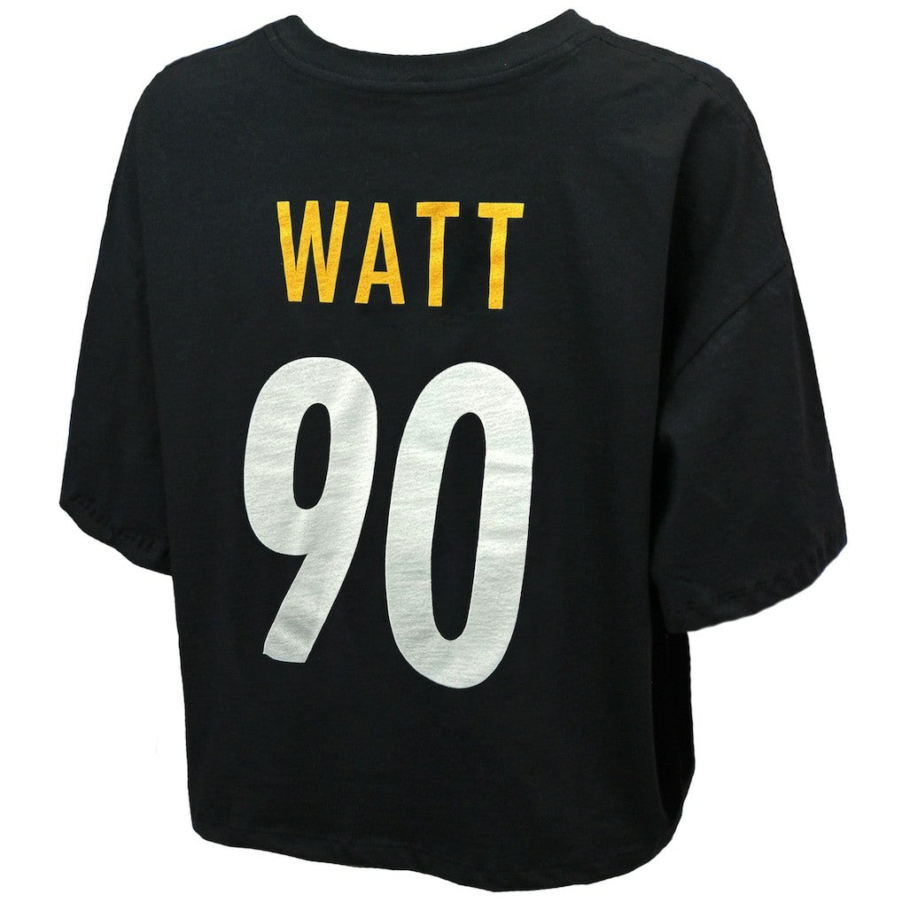 T.J. Watt Pittsburgh Steelers Majestic Threads Women's Swarovski Crystals Boxy Cropped Name & Number T-Shirt Black - NFL