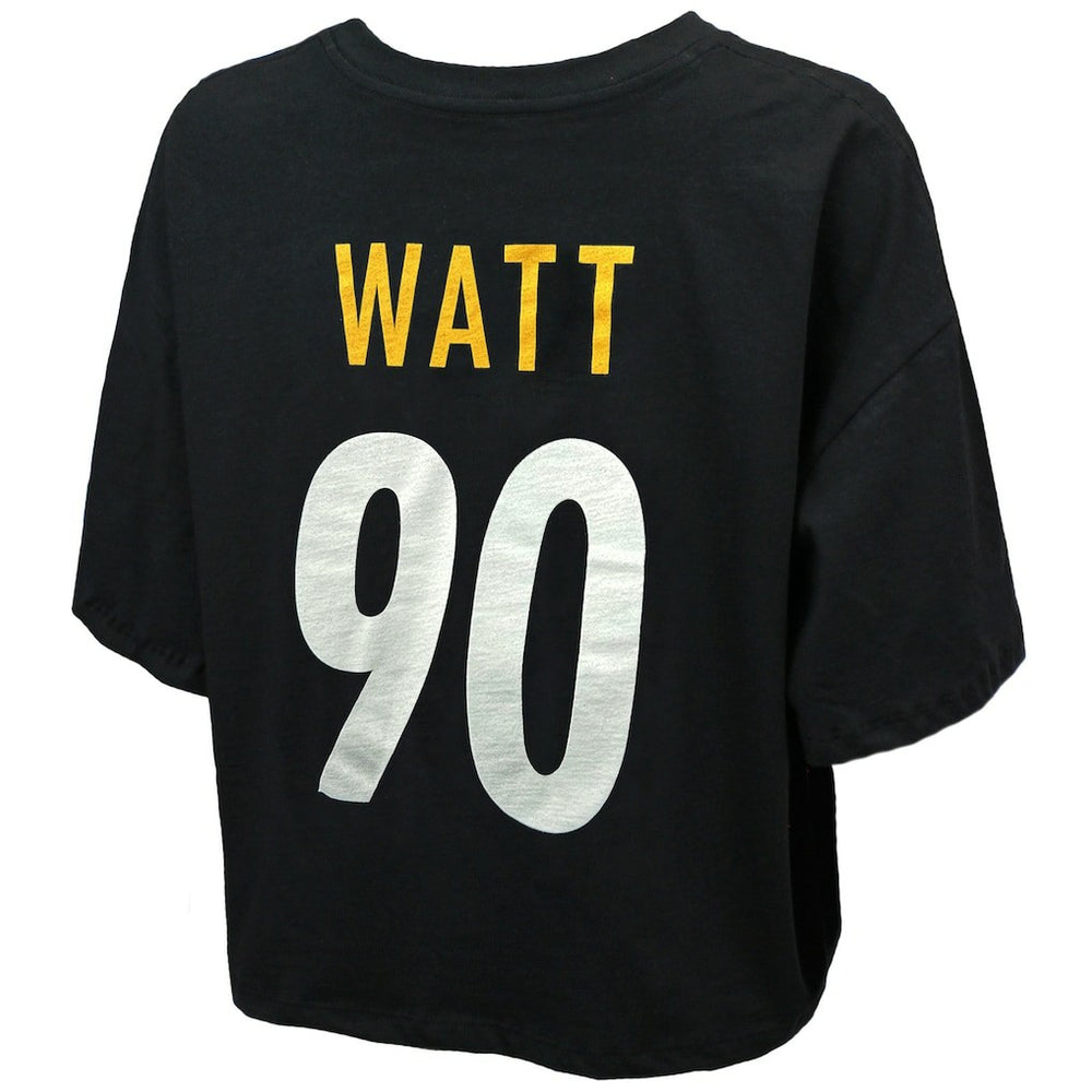T.J. Watt Pittsburgh Steelers Majestic Threads Women's Swarovski Crystals Boxy Cropped Name & Number T-Shirt Black - NFL