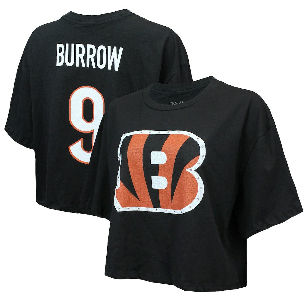 Joe Burrow Cincinnati Bengals Majestic Threads Women's Swarovski Crystals Boxy Cropped Name & Number T-Shirt Black - NFL