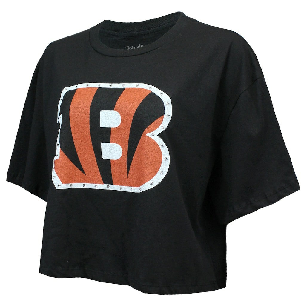 Joe Burrow Cincinnati Bengals Majestic Threads Women's Swarovski Crystals Boxy Cropped Name & Number T-Shirt Black - NFL