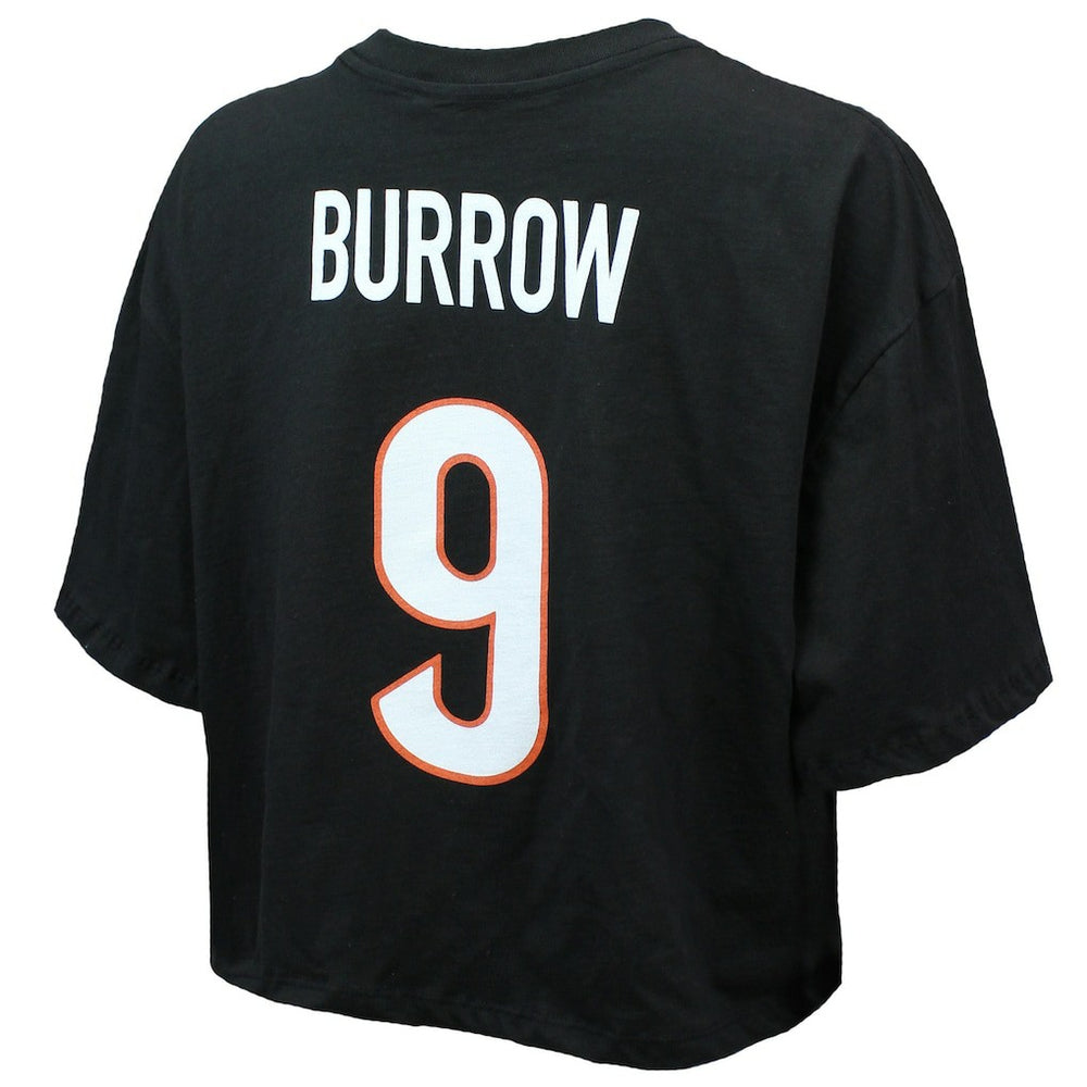 Joe Burrow Cincinnati Bengals Majestic Threads Women's Swarovski Crystals Boxy Cropped Name & Number T-Shirt Black - NFL