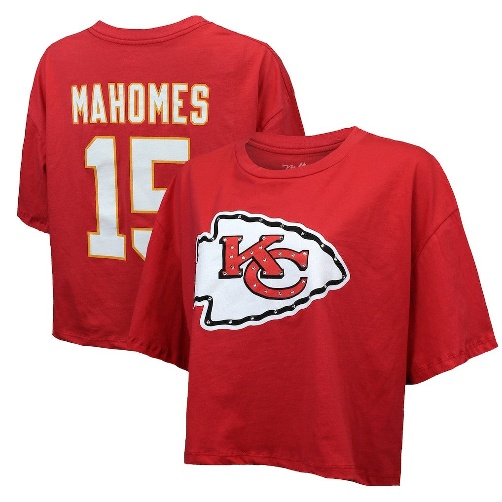 Patrick Mahomes Kansas City Chiefs Majestic Threads Women's Swarovski Crystals Boxy Cropped Name & Number T-Shirt Red - NFL