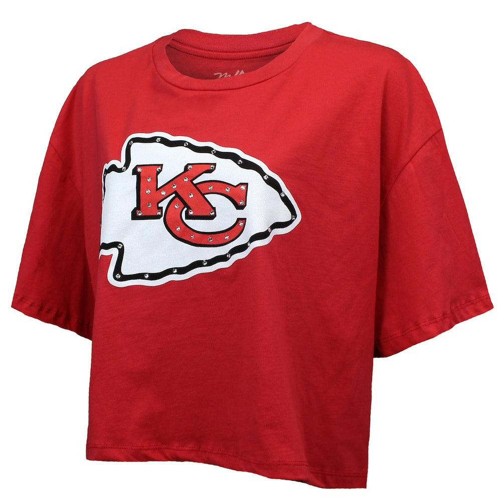 Patrick Mahomes Kansas City Chiefs Majestic Threads Women's Swarovski Crystals Boxy Cropped Name & Number T-Shirt Red - NFL