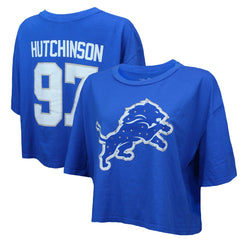 Aidan Hutchinson Detroit Lions Majestic Threads Women's Swarovski Crystals Boxy Cropped Name & Number T-Shirt Blue - NFL