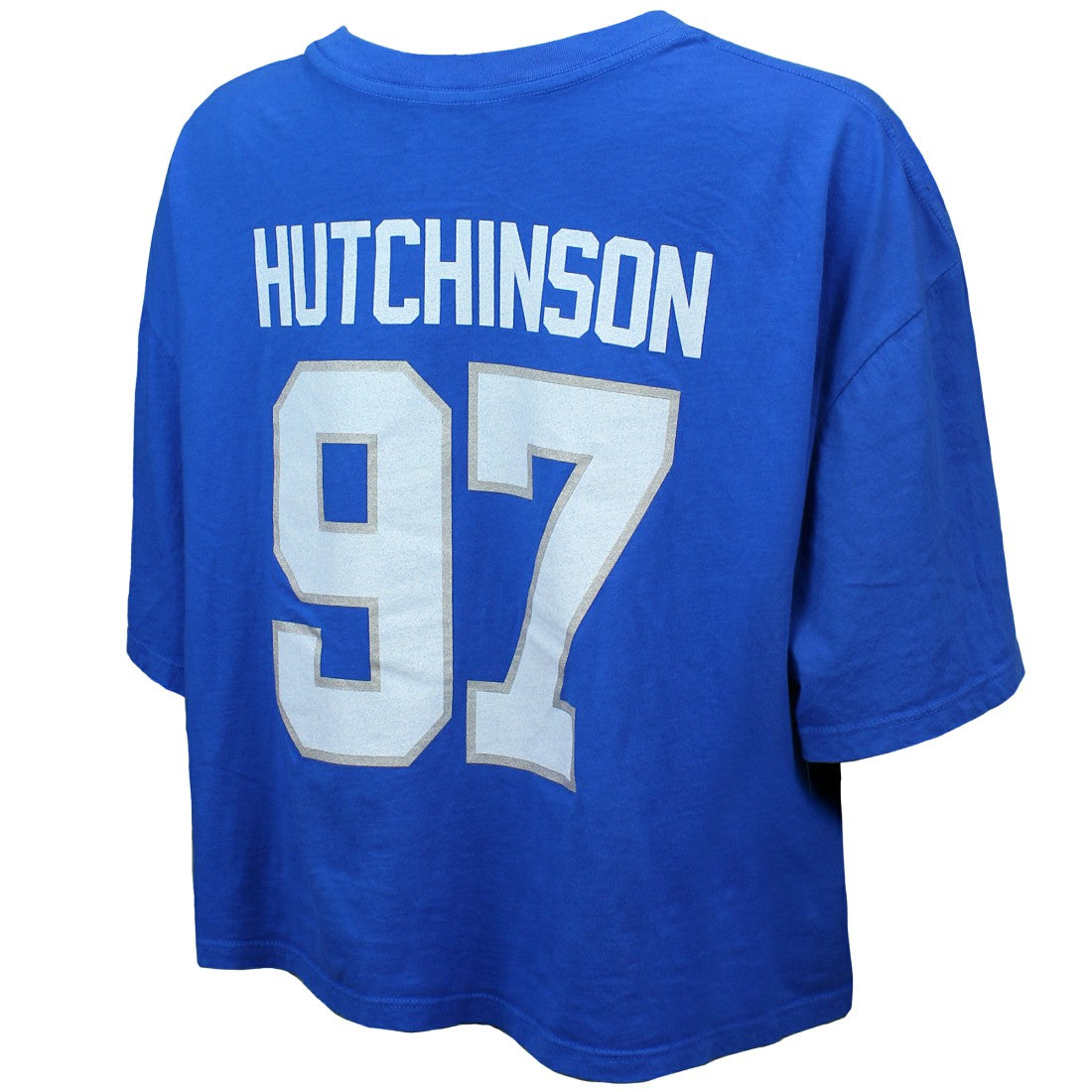 Aidan Hutchinson Detroit Lions Majestic Threads Women's Swarovski Crystals Boxy Cropped Name & Number T-Shirt Blue - NFL