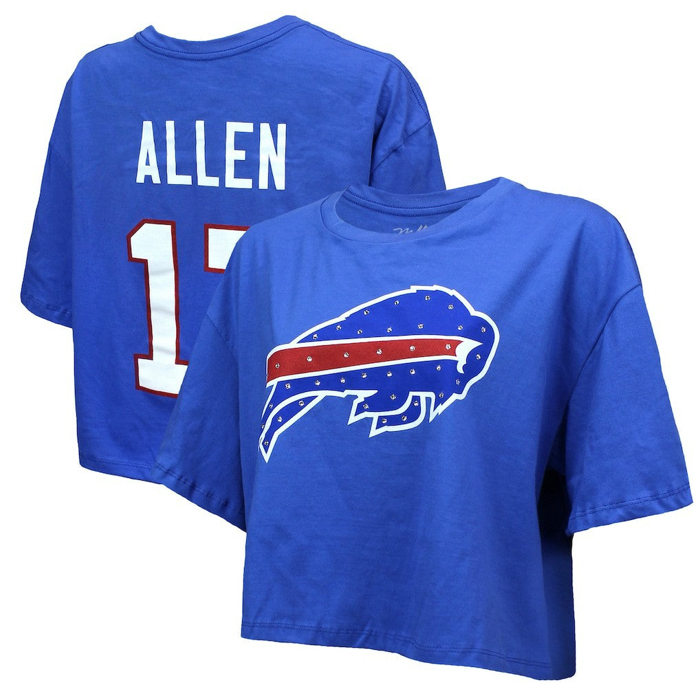 Josh Allen Buffalo Bills Majestic Threads Women's Swarovski Crystals Boxy Cropped Name & Number T-Shirt Royal - NFL