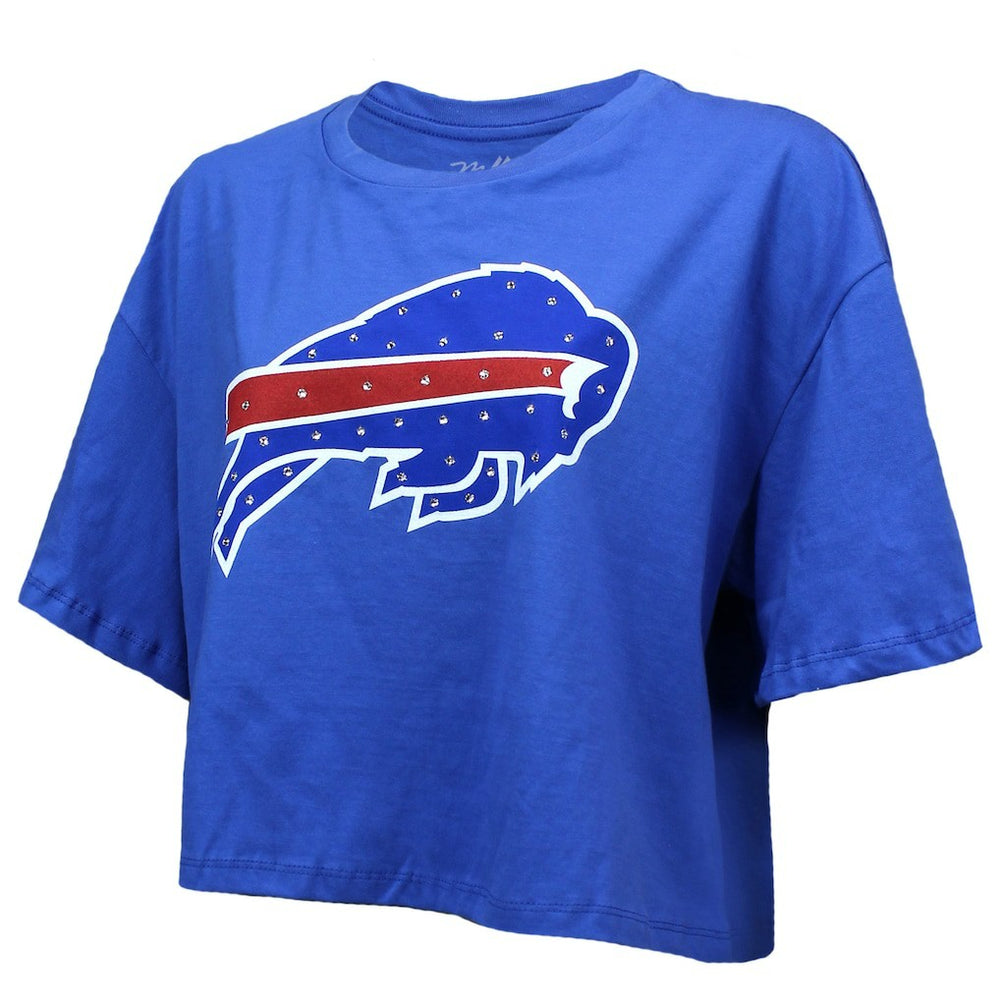 Josh Allen Buffalo Bills Majestic Threads Women's Swarovski Crystals Boxy Cropped Name & Number T-Shirt Royal - NFL