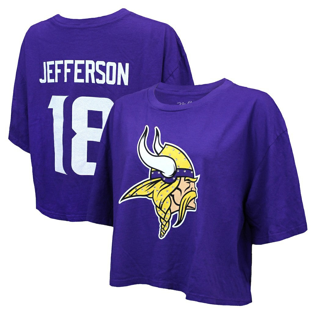 Justin Jefferson Minnesota Vikings Majestic Threads Women's Swarovski Crystals Boxy Cropped Name & Number T-Shirt Purple - NFL