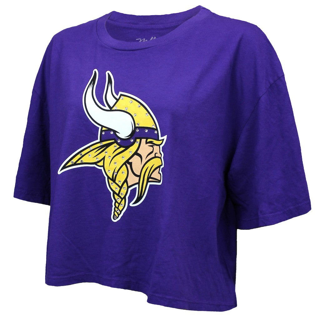 Justin Jefferson Minnesota Vikings Majestic Threads Women's Swarovski Crystals Boxy Cropped Name & Number T-Shirt Purple - NFL