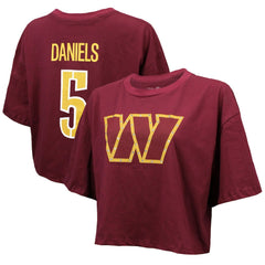 Jayden Daniels Washington Commanders Majestic Threads Women's Swarovski Crystals Boxy Cropped Name & Number T-Shirt Burgundy - NFL