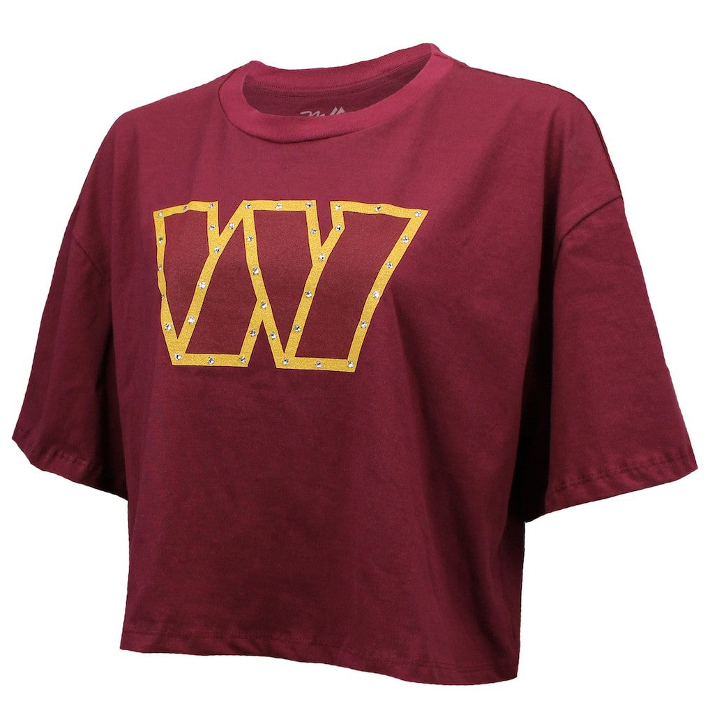 Jayden Daniels Washington Commanders Majestic Threads Women's Swarovski Crystals Boxy Cropped Name & Number T-Shirt Burgundy - NFL