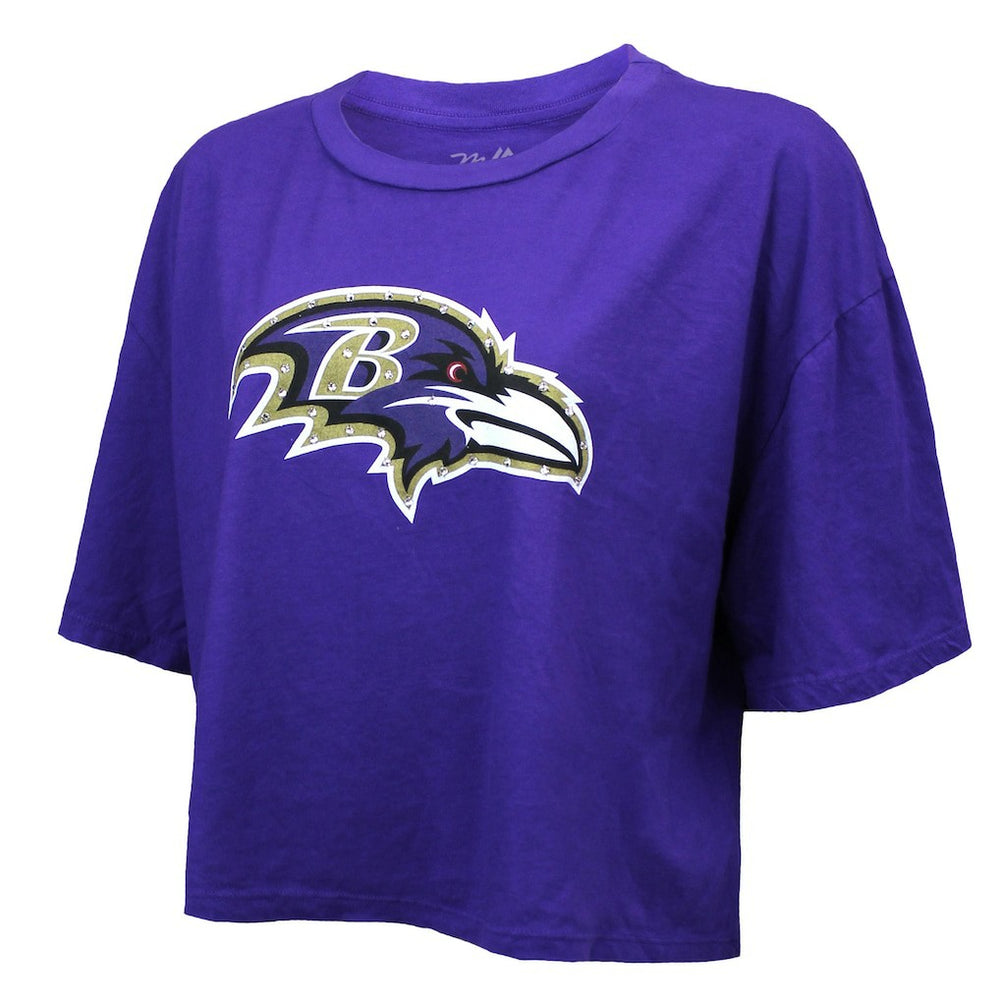 Lamar Jackson Baltimore Ravens Majestic Threads Women's Swarovski Crystals Boxy Cropped Name & Number T-Shirt Purple - NFL