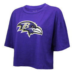 Lamar Jackson Baltimore Ravens Majestic Threads Women's Swarovski Crystals Boxy Cropped Name & Number T-Shirt Purple - NFL