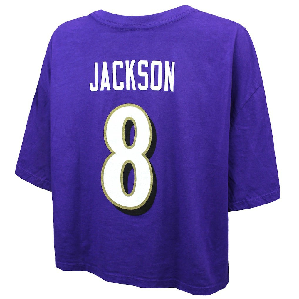 Lamar Jackson Baltimore Ravens Majestic Threads Women's Swarovski Crystals Boxy Cropped Name & Number T-Shirt Purple - NFL