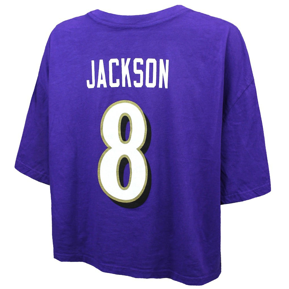 Lamar Jackson Baltimore Ravens Majestic Threads Women's Swarovski Crystals Boxy Cropped Name & Number T-Shirt Purple - NFL