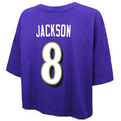 Lamar Jackson Baltimore Ravens Majestic Threads Women's Swarovski Crystals Boxy Cropped Name & Number T-Shirt Purple - NFL