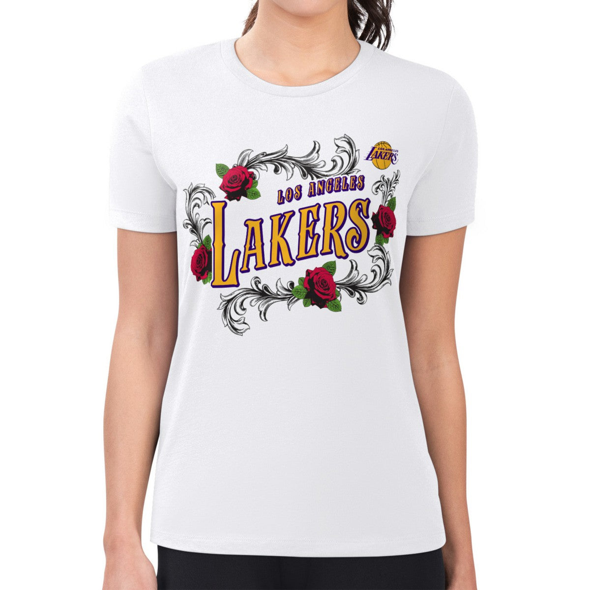 NBA - Los Angeles Lakers G-III 4Her by Carl Banks Women's Super-Slim Fit Lightweight Roses Crew Neck T-Shirt - White