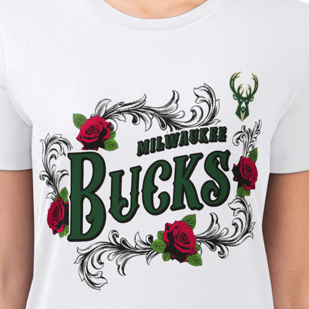 NBA - Milwaukee Bucks G-III 4Her by Carl Banks Women's Super-Slim Fit Lightweight Roses Crew Neck T-Shirt - White