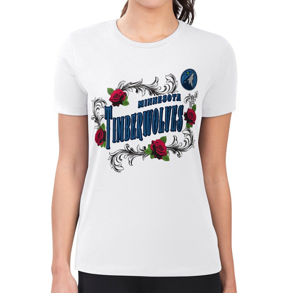 NBA - Minnesota Timberwolves G-III 4Her by Carl Banks Women's Super-Slim Fit Lightweight Roses Crew Neck T-Shirt - White