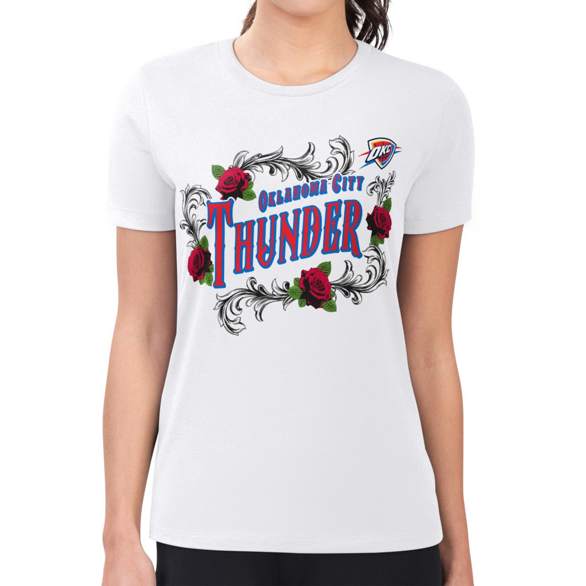 NBA - Oklahoma City Thunder G-III 4Her by Carl Banks Women's Super-Slim Fit Lightweight Roses Crew Neck T-Shirt - White