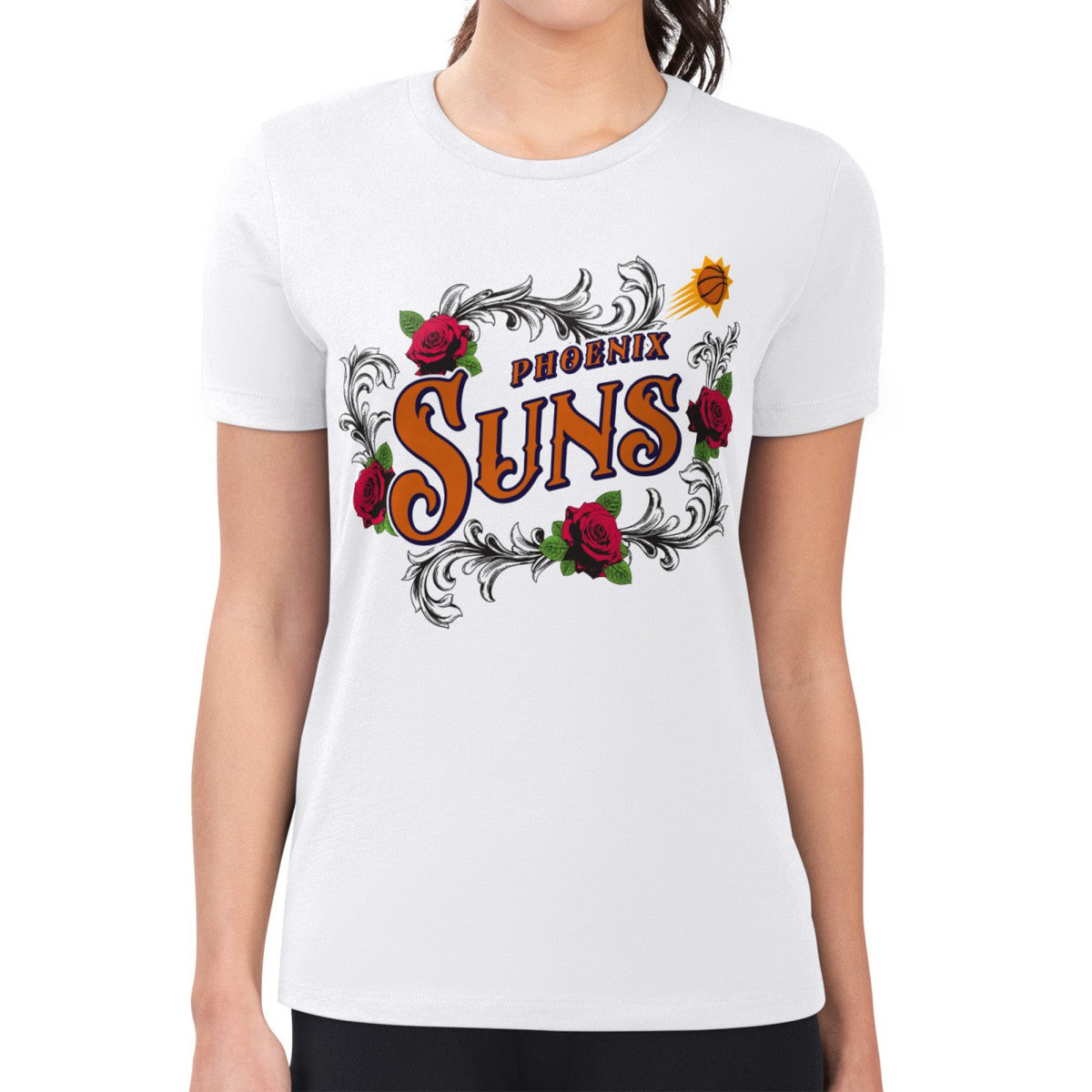 NBA - Phoenix Suns G-III 4Her by Carl Banks Women's Super-Slim Fit Lightweight Roses Crew Neck T-Shirt - White