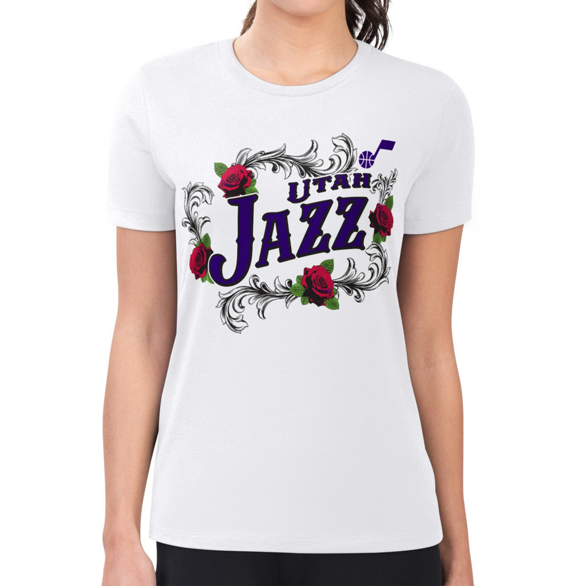 NBA - Utah Jazz G-III 4Her by Carl Banks Women's Super-Slim Fit Lightweight Roses Crew Neck T-Shirt - White