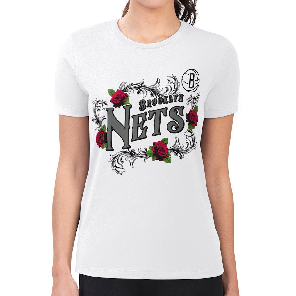 NBA - Brooklyn Nets G-III 4Her by Carl Banks Women's Super-Slim Fit Lightweight Roses Crew Neck T-Shirt - White