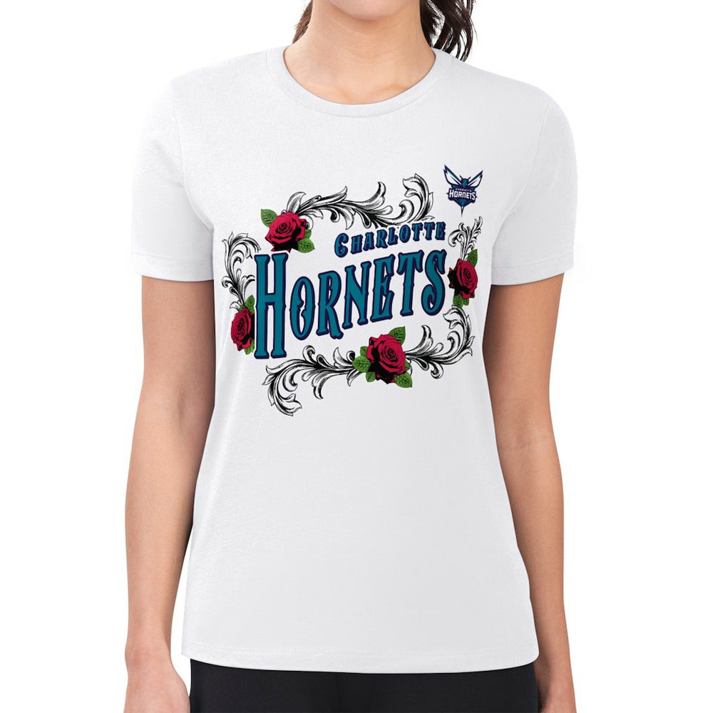 NBA - Charlotte Hornets G-III 4Her by Carl Banks Women's Super-Slim Fit Lightweight Roses Crew Neck T-Shirt - White