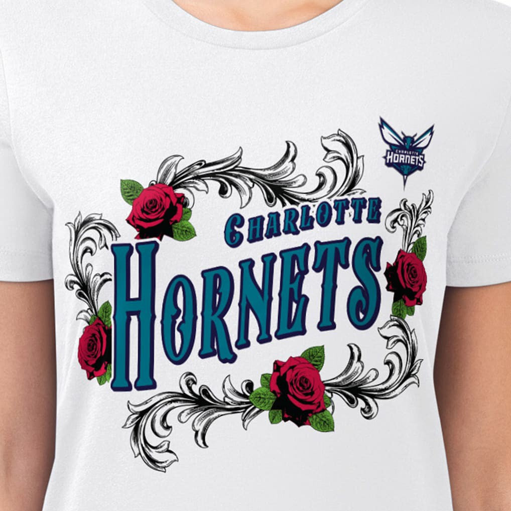 NBA - Charlotte Hornets G-III 4Her by Carl Banks Women's Super-Slim Fit Lightweight Roses Crew Neck T-Shirt - White