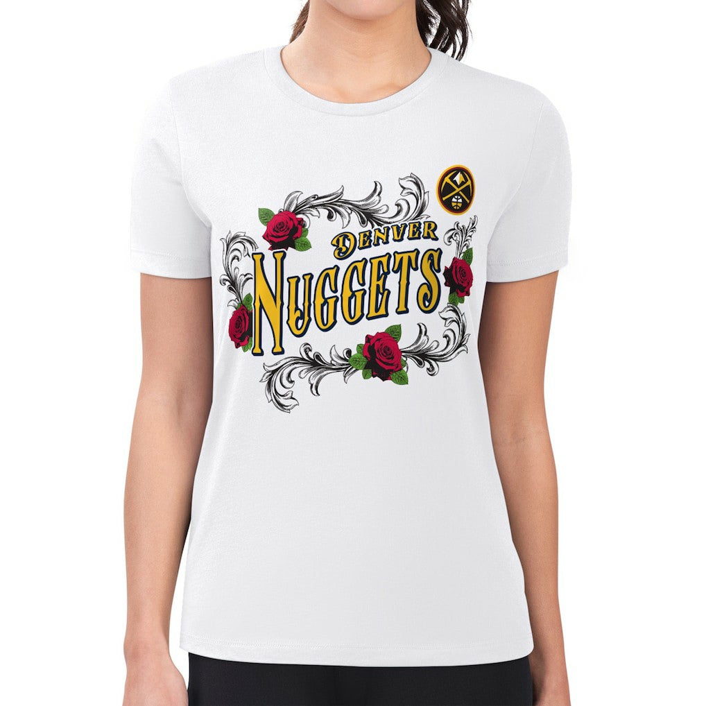 NBA - Denver Nuggets G-III 4Her by Carl Banks Women's Super-Slim Fit Lightweight Roses Crew Neck T-Shirt - White