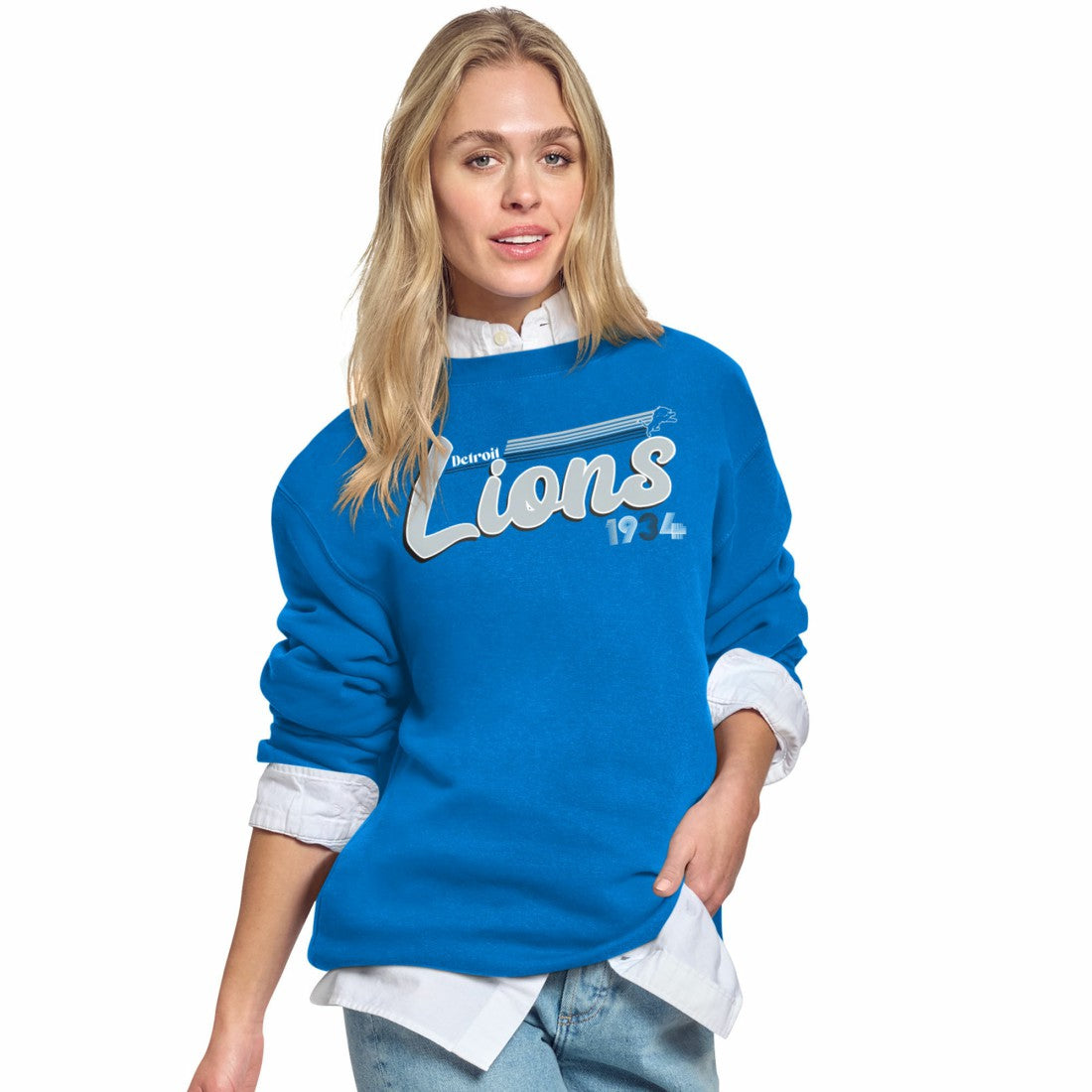 Detroit Lions Starter Women's Groovy Script Fleece Crewneck Sweatshirt Blue - NFL